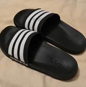 Adidas  Slides Black With White Stripes